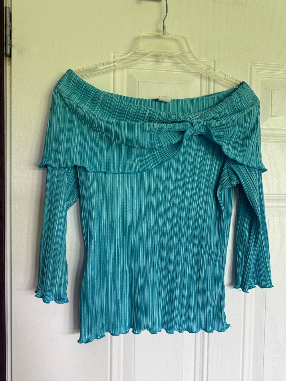 2 for $20 sale: Creative design works aqua blue pleated off-the-shoulder top.